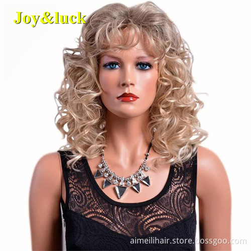 Wholesale Prices Daily Use Wig With Bangs For Women Shoulder Length Ladies Party Brown Color Natural Curly Synthetic Hair Wigs